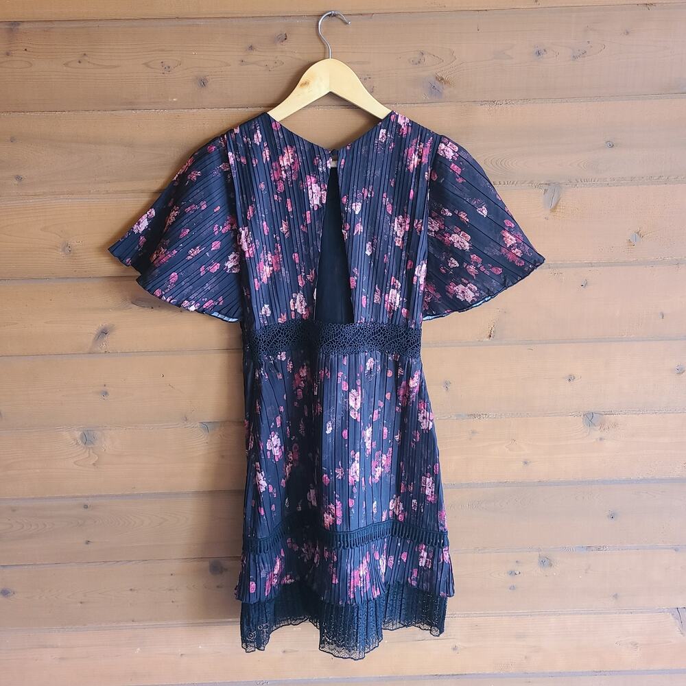Anthropologie Biella Dress Mini Foxiedoxie NWT XS Black Floral Pleated Flutter - Picture 5 of 6